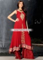 AK6838 Fire Engine Red Firebrick Crinkle Chiffon Raw Silk Anarkali Palazzo Pants