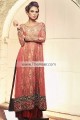 EW7603 Coral Pink Cardinal Crinkle Chiffon Banarasi Jamawar Raw Silk Evening Dress