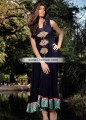 AK6830 Dark Navy Blue Light Khaki Crinkle Chiffon Crepe Silk Anarkali Dress