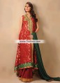 SC6844 Cornell Red Falu Red Dark British Racing Green Banarasi Jamawar Raw Silk Banarasi Crinkle Chiffon Angrakha Sharara